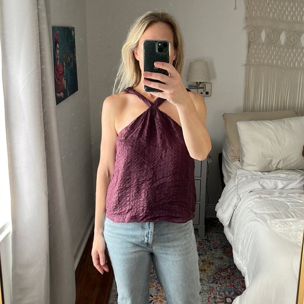 Frame Draped Textured Silk Halter Top Size Small Cabernet